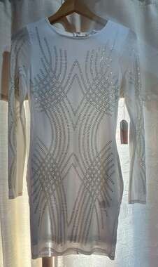 G264 Blashe Los Angeles White Long Sleeve Rhinestone Bodycon Dress Size M